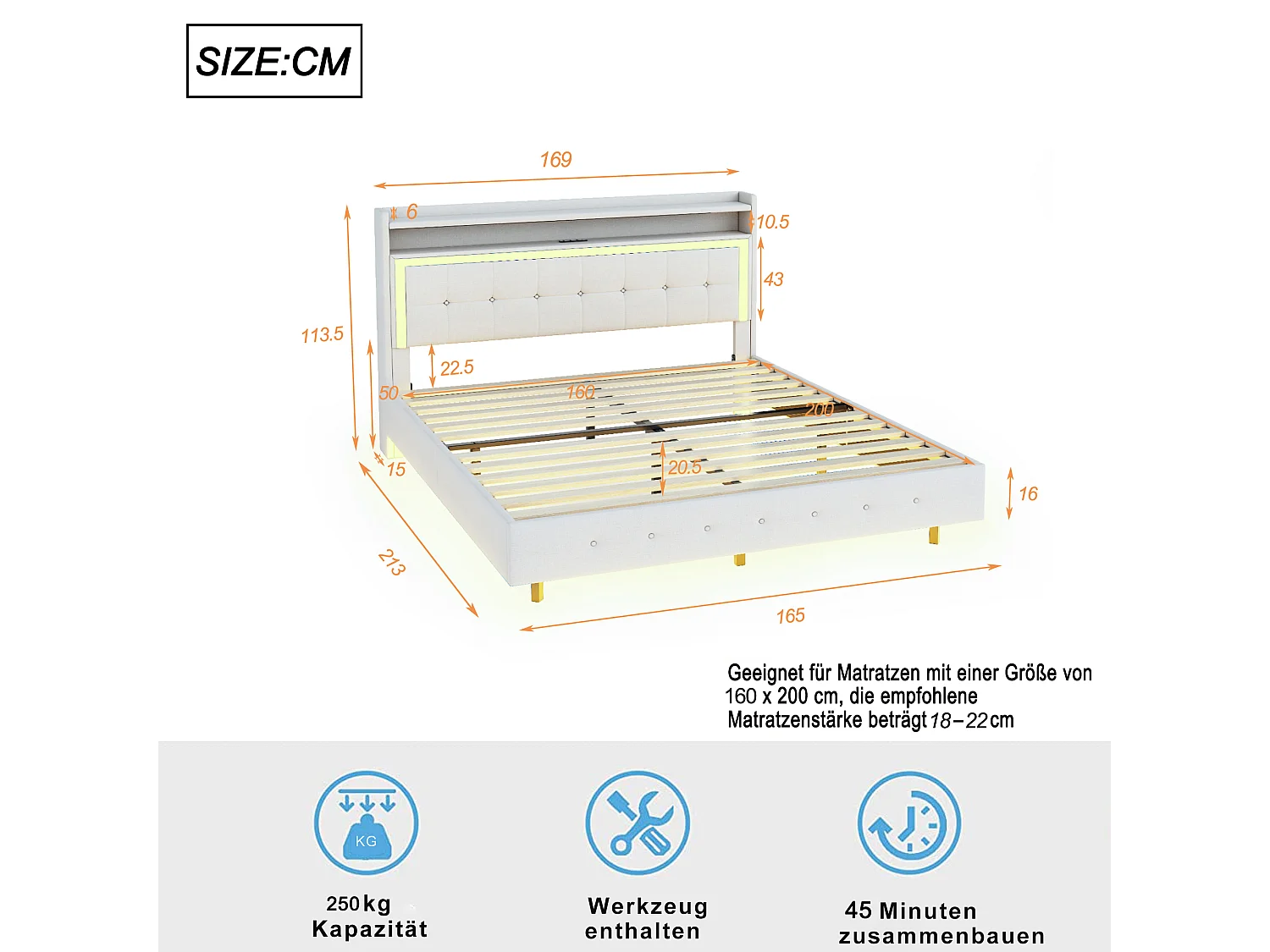 Gestoffeerd bed 160x200cm, met USB-poort en LED-verlichting, poten, vlak tweepersoonsbed, linnen stof, beige, matras niet inbegrepen