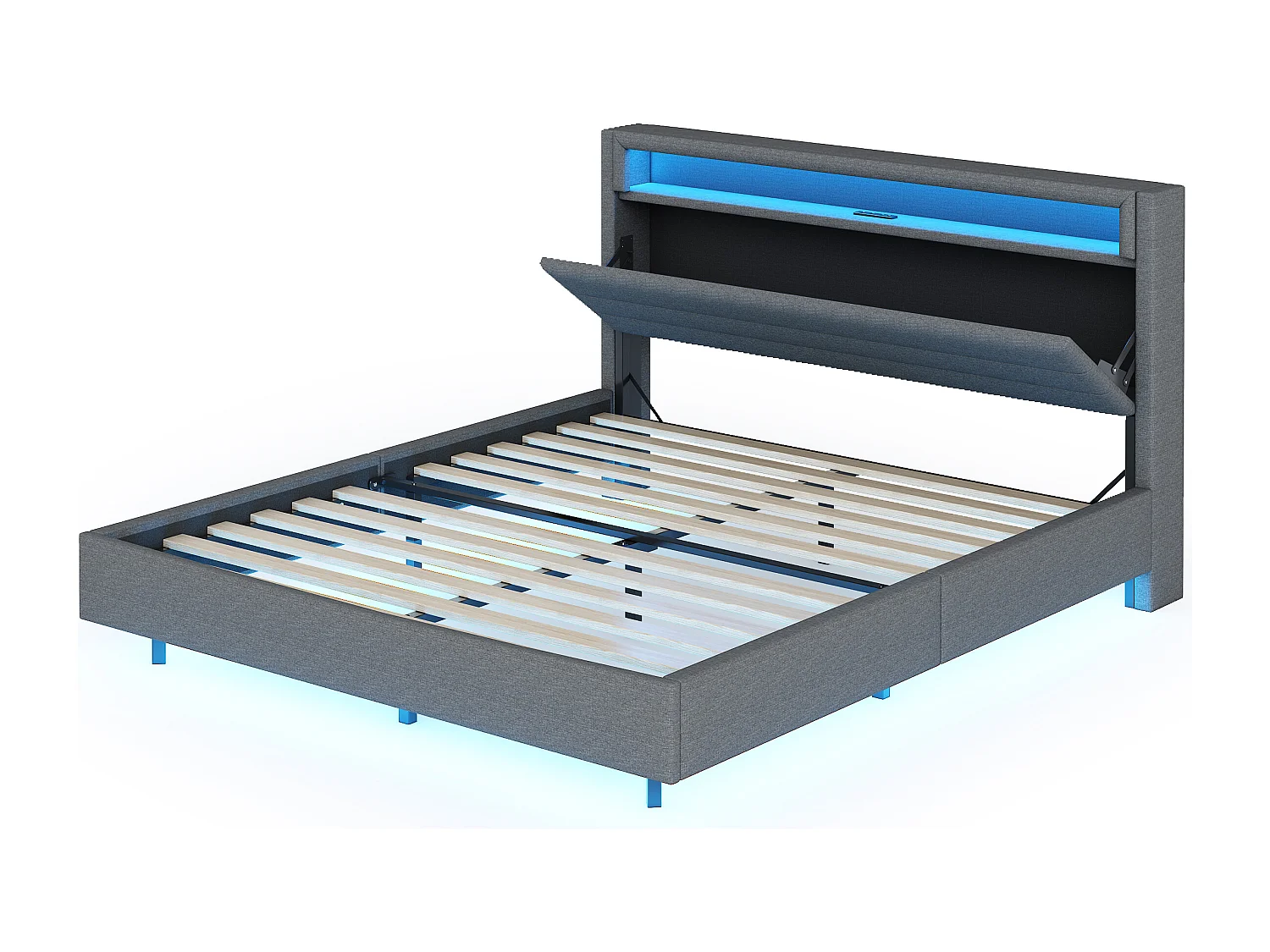 Gestoffeerd bed 160x200cm, met USB-poort, ledverlichting, hoofdeinde en voeteinde, tweepersoonsbed, grijs, matras niet inbegrepen