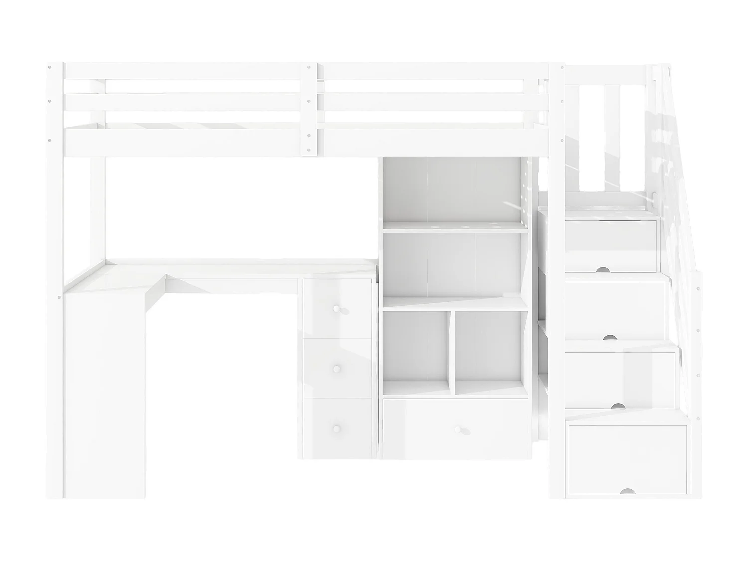Lit superposé 90x200cm, avec barrière de sécurité, bureau, tiroirs, armoire de rangement ouverte et échelle escamotable, blanc