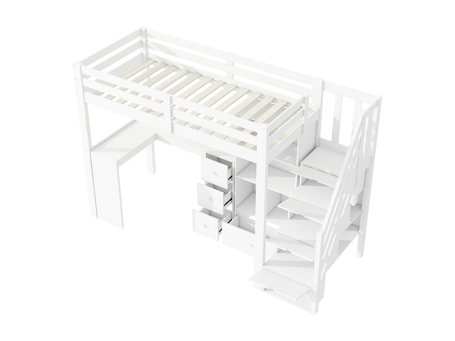 Lit superposé 90x200cm, avec barrière de sécurité, bureau, tiroirs, armoire de rangement ouverte et échelle escamotable, blanc