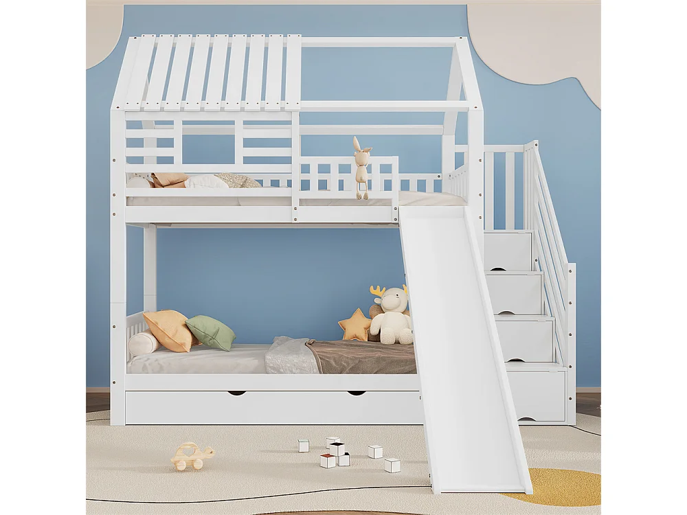 Stapelbed 90x200cm, kajuitbed, kinderbed met trap, glijbaan, raam, dak, veiligheidshekje en lade, grenen, wit