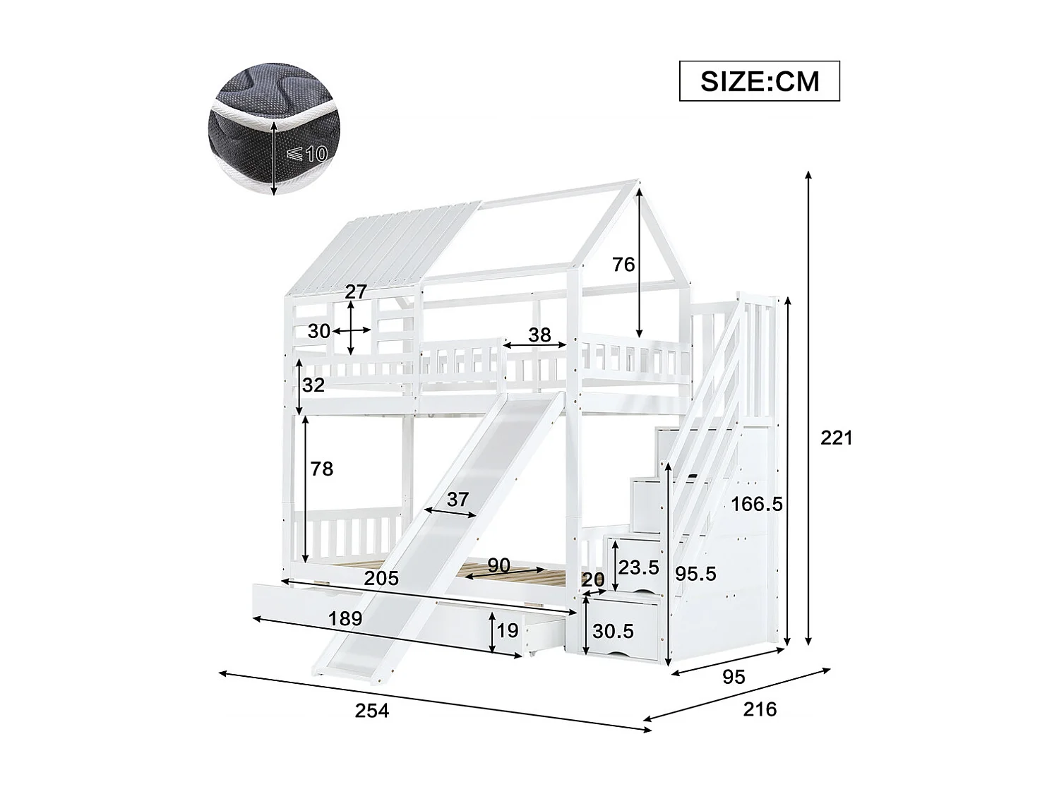 Stapelbed 90x200cm, kajuitbed, kinderbed met trap, glijbaan, raam, dak, veiligheidshekje en lade, grenen, wit