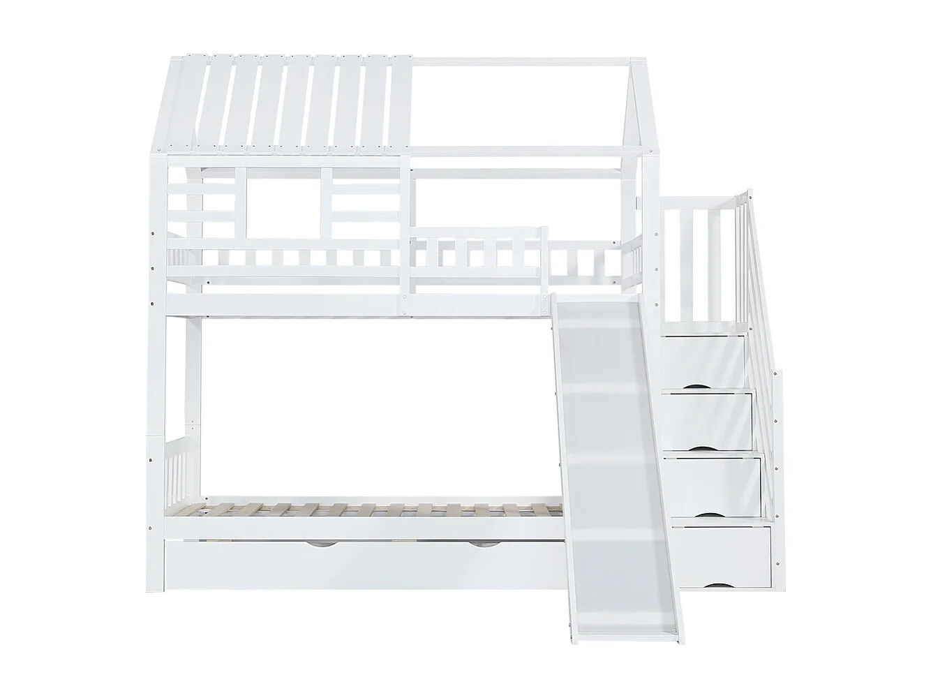 Stapelbed 90x200cm, kajuitbed, kinderbed met trap, glijbaan, raam, dak, veiligheidshekje en lade, grenen, wit