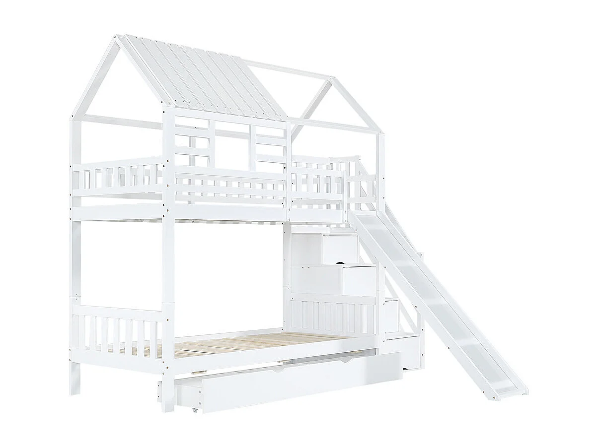 Stapelbed 90x200cm, kajuitbed, kinderbed met trap, glijbaan, raam, dak, veiligheidshekje en lade, grenen, wit