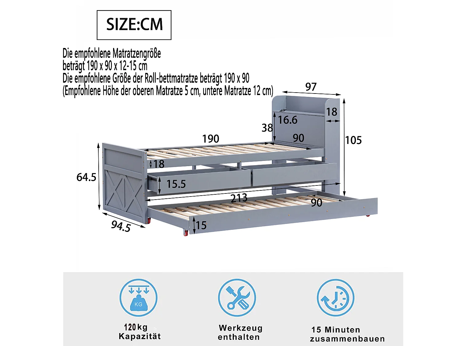 Lit simple 90x190cm, avec tiroir,sommier à lattes, table de chevet avec étagères et port USB, lit enfant, pin, gris, sans matelas