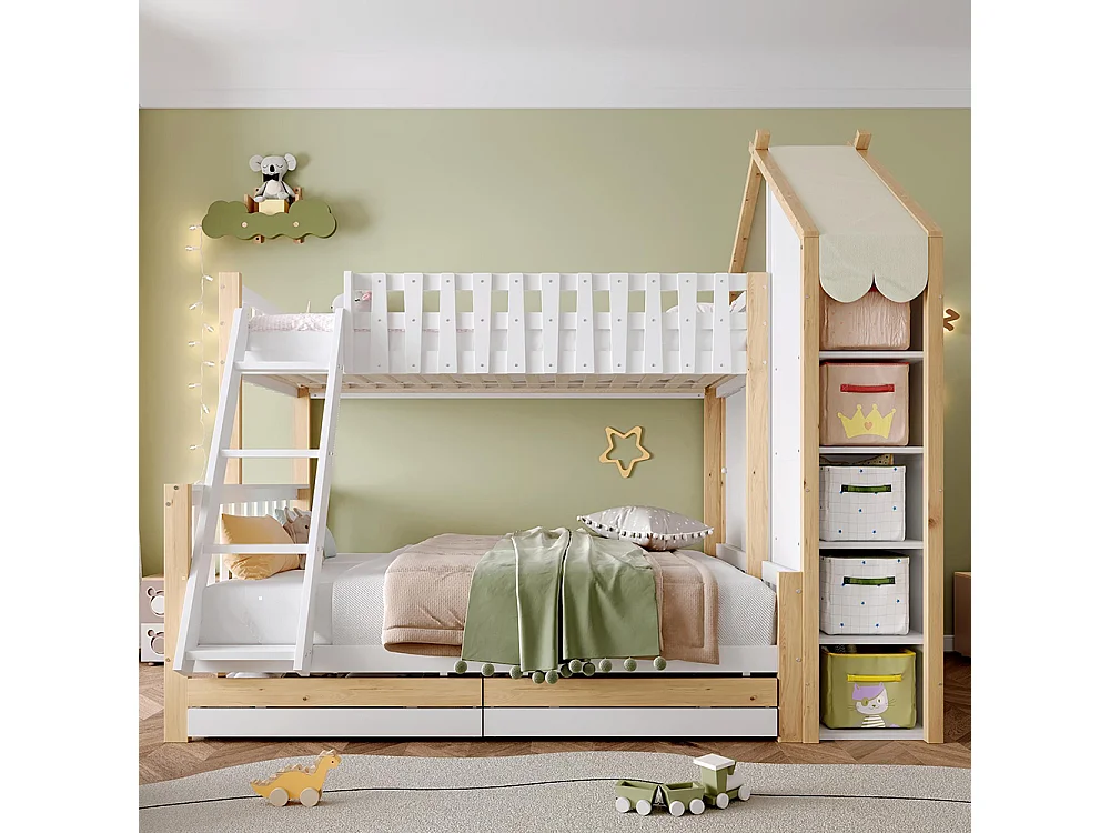 Stapelbed, 90x200cm + 140x200cm, veiligheidshekje, ladder, 2 lades, onregelmatige leuning, matras niet inbegrepen, wit + naturel