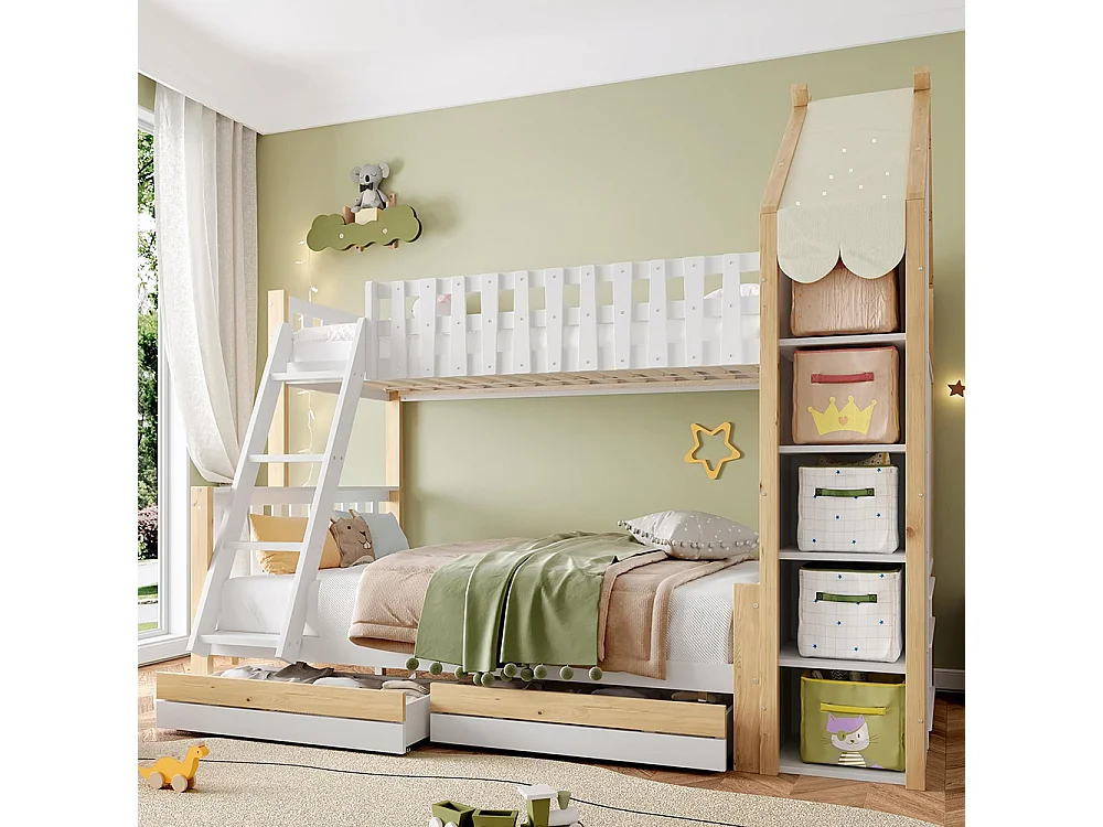 Stapelbed, 90x200cm + 140x200cm, veiligheidshekje, ladder, 2 lades, onregelmatige leuning, matras niet inbegrepen, wit + naturel