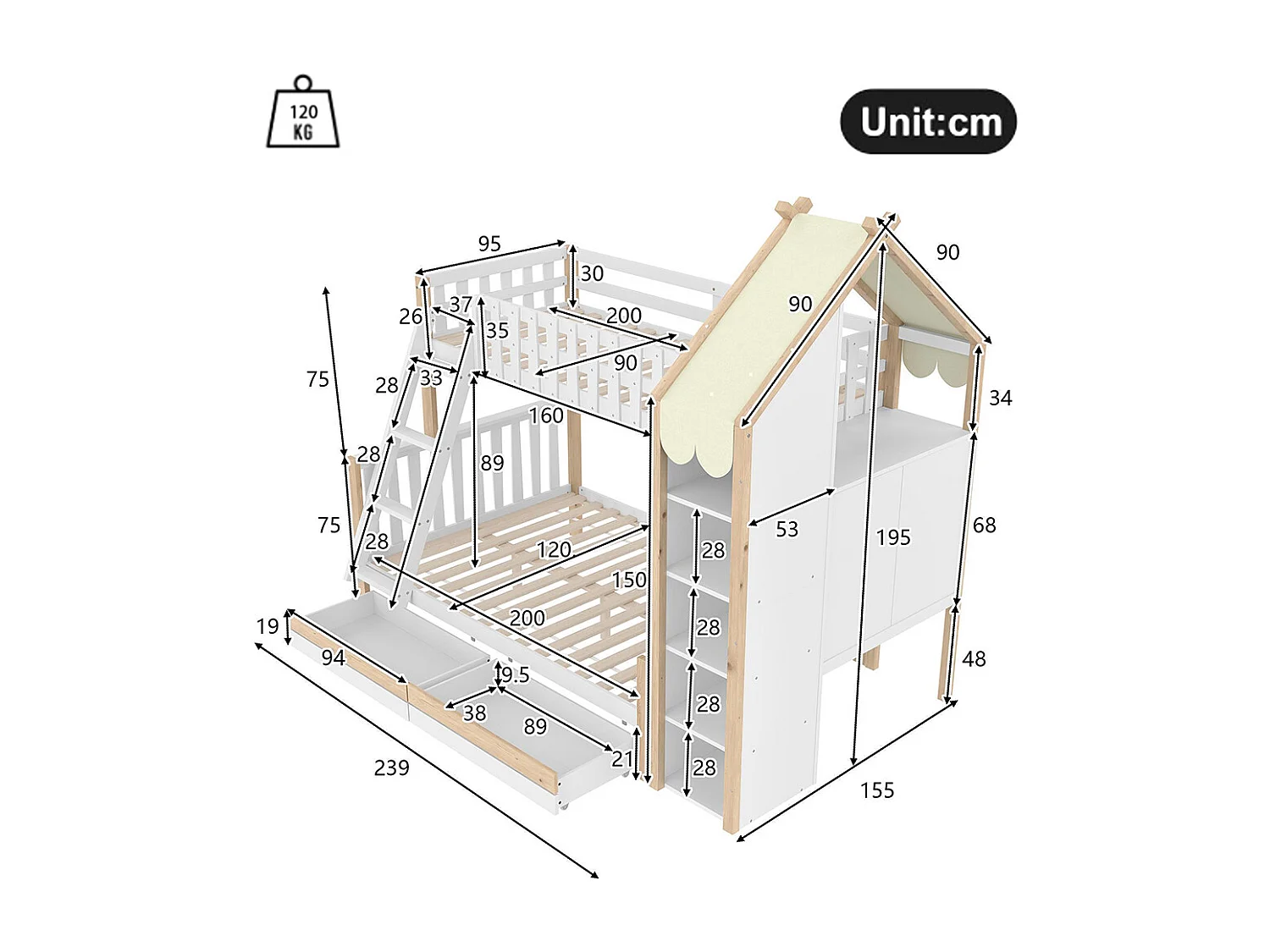 Stapelbed, 90x200cm + 140x200cm, veiligheidshekje, ladder, 2 lades, onregelmatige leuning, matras niet inbegrepen, wit + naturel