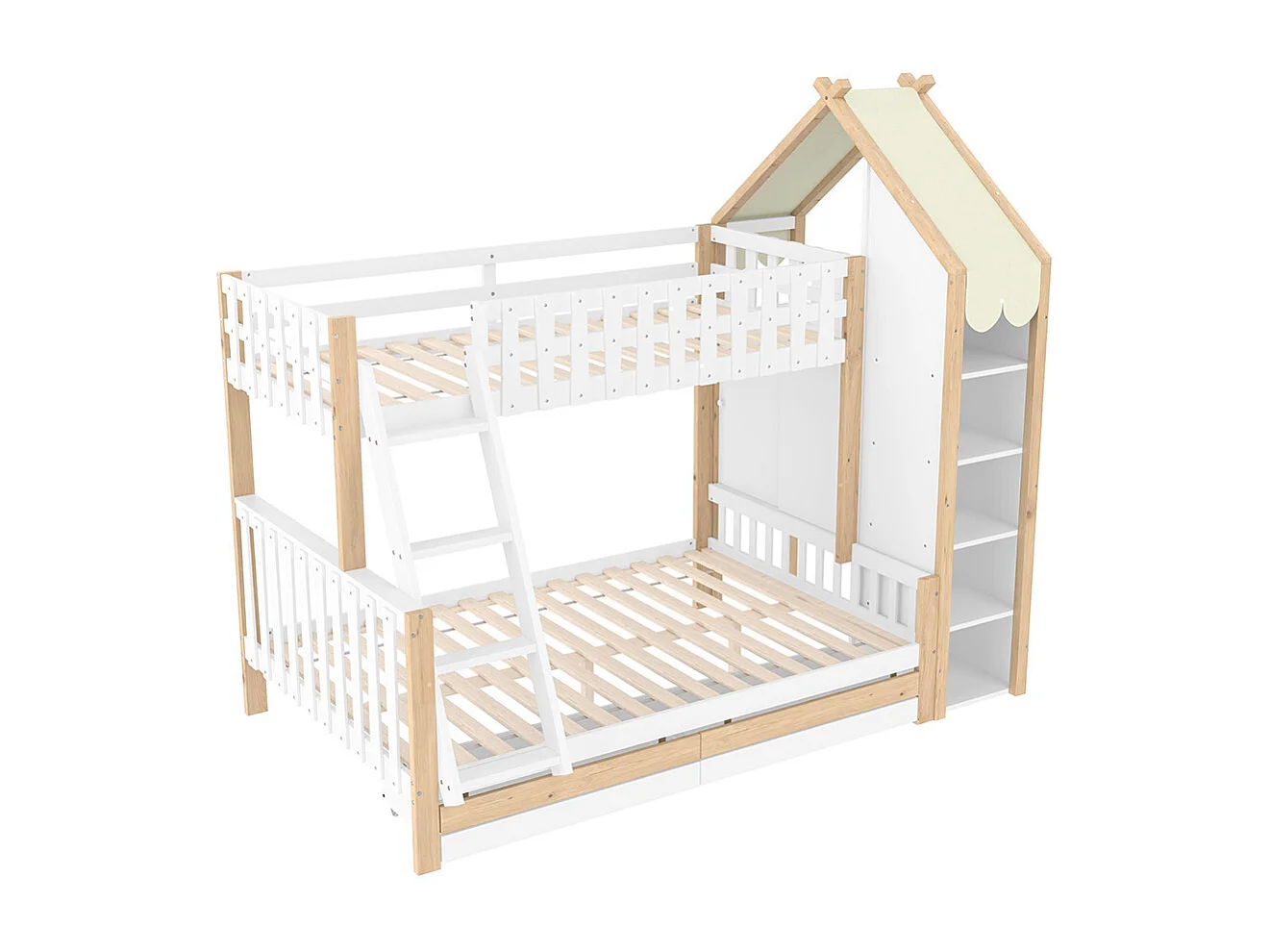 Stapelbed, 90x200cm + 140x200cm, veiligheidshekje, ladder, 2 lades, onregelmatige leuning, matras niet inbegrepen, wit + naturel