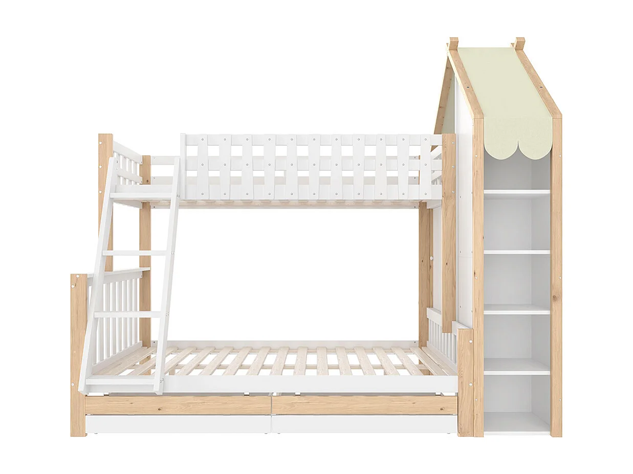 Stapelbed, 90x200cm + 140x200cm, veiligheidshekje, ladder, 2 lades, onregelmatige leuning, matras niet inbegrepen, wit + naturel