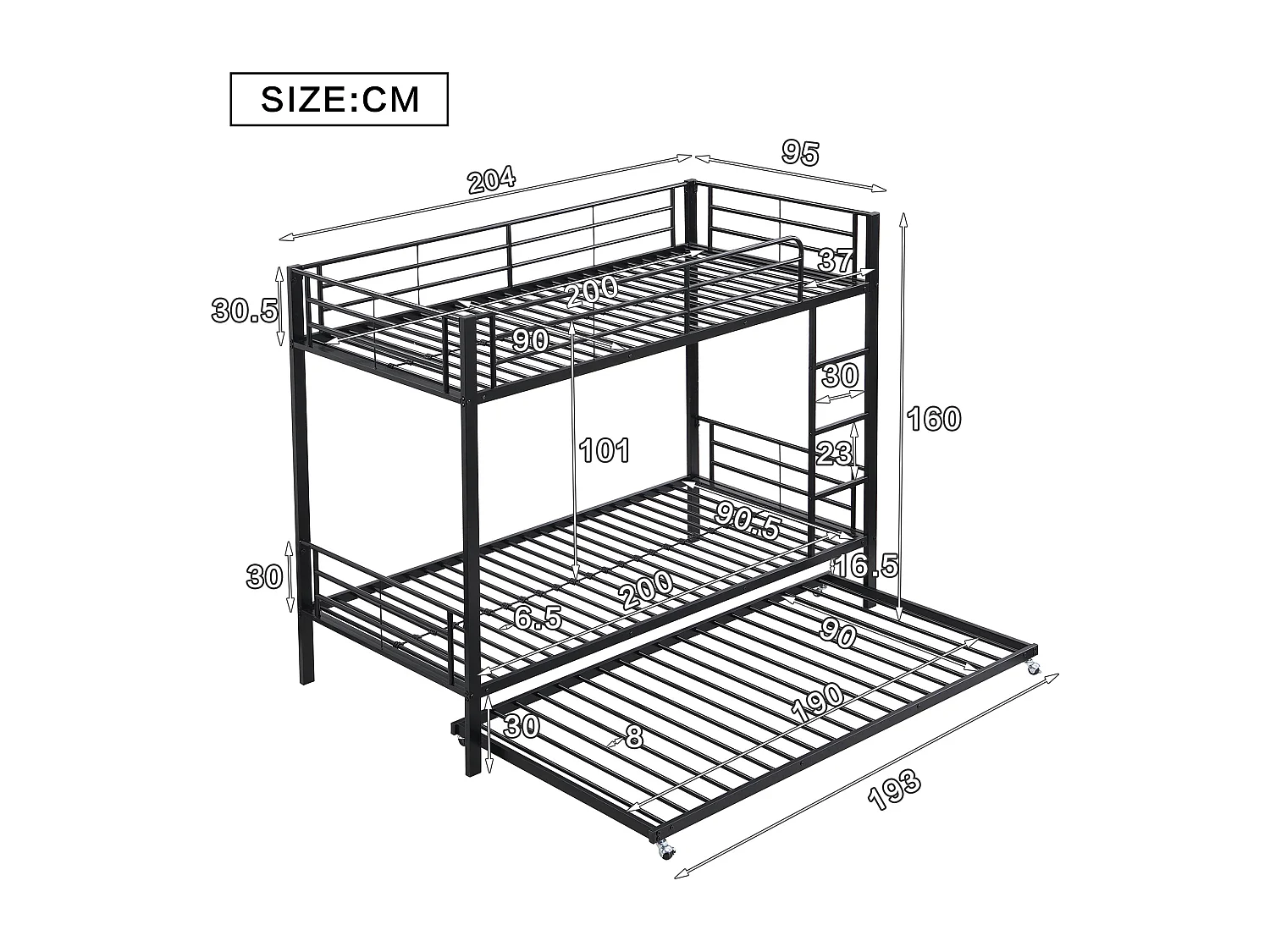 Stapelbed 90x200cm+90x190cm, kinderbed, met uitschuifbed, vier veiligheidshekjes op het bovenste bed, zwart, matras niet inbegrepen