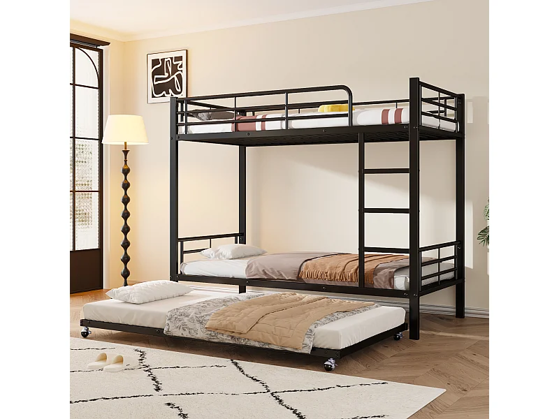 Stapelbed 90x200cm+90x190cm, kinderbed, met uitschuifbed, vier veiligheidshekjes op het bovenste bed, zwart, matras niet inbegrepen