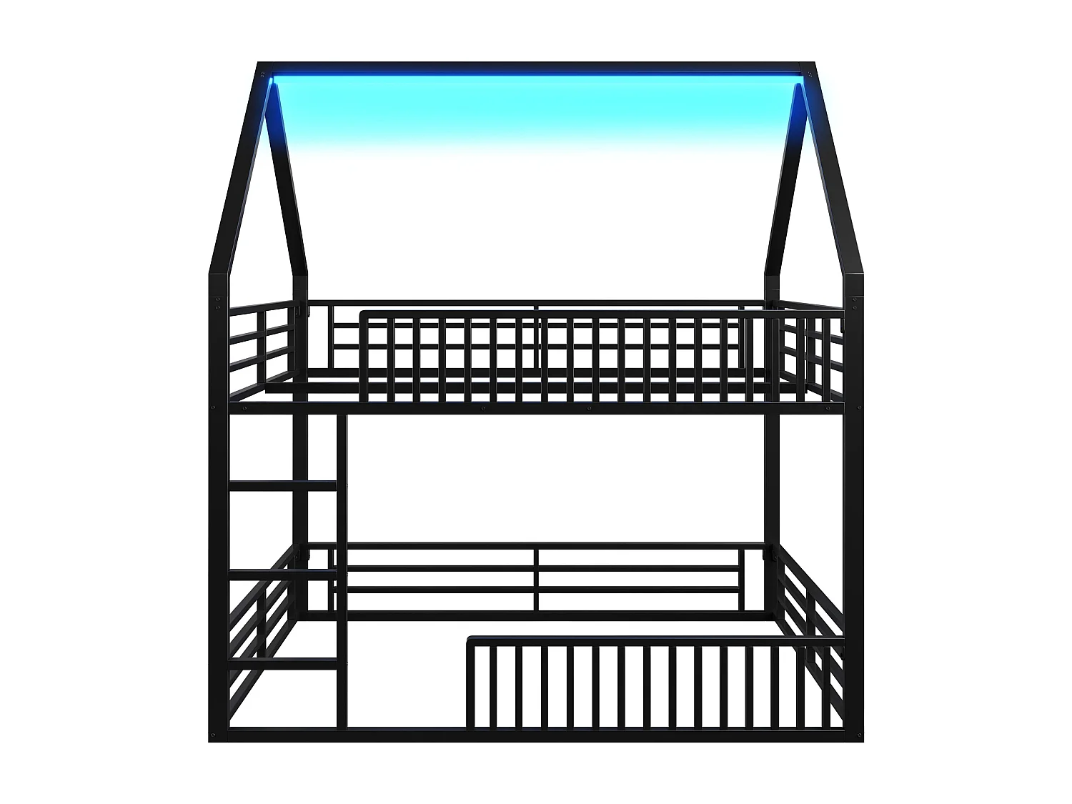 Lit superposé en forme de maison 140x200cm, avec barrière et lumière LED, métal, noir, sans matelas