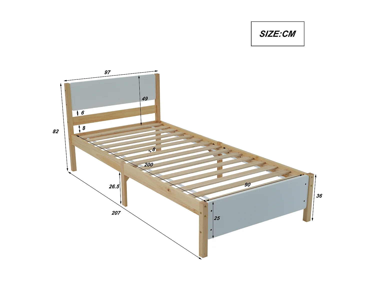 Lit simple 90x200cm, lit en bois, cadre en pin avec support central, lit enfant, lit adulte, MDF, blanc et naturel, sans matelas