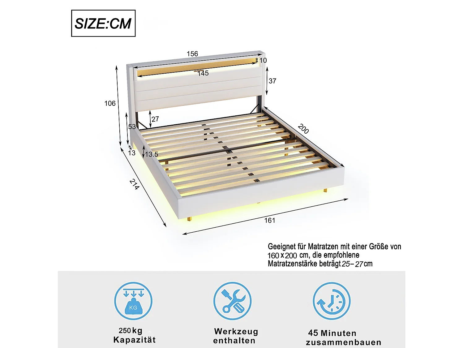 Gestoffeerd bed 160x200cm, met USB-poort, ledverlichting, hoofdeinde en voeteinde, tweepersoonsbed, beige, matras niet inbegrepen