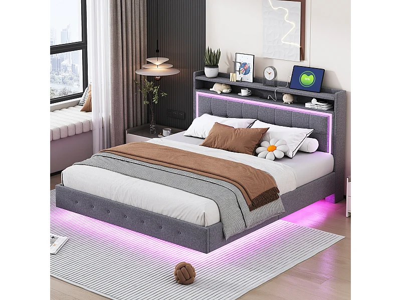 Gestoffeerd bed 160x200cm, met USB-poort en LED-verlichting, poten, vlak tweepersoonsbed, linnen stof, grijs, matras niet inbegrepen