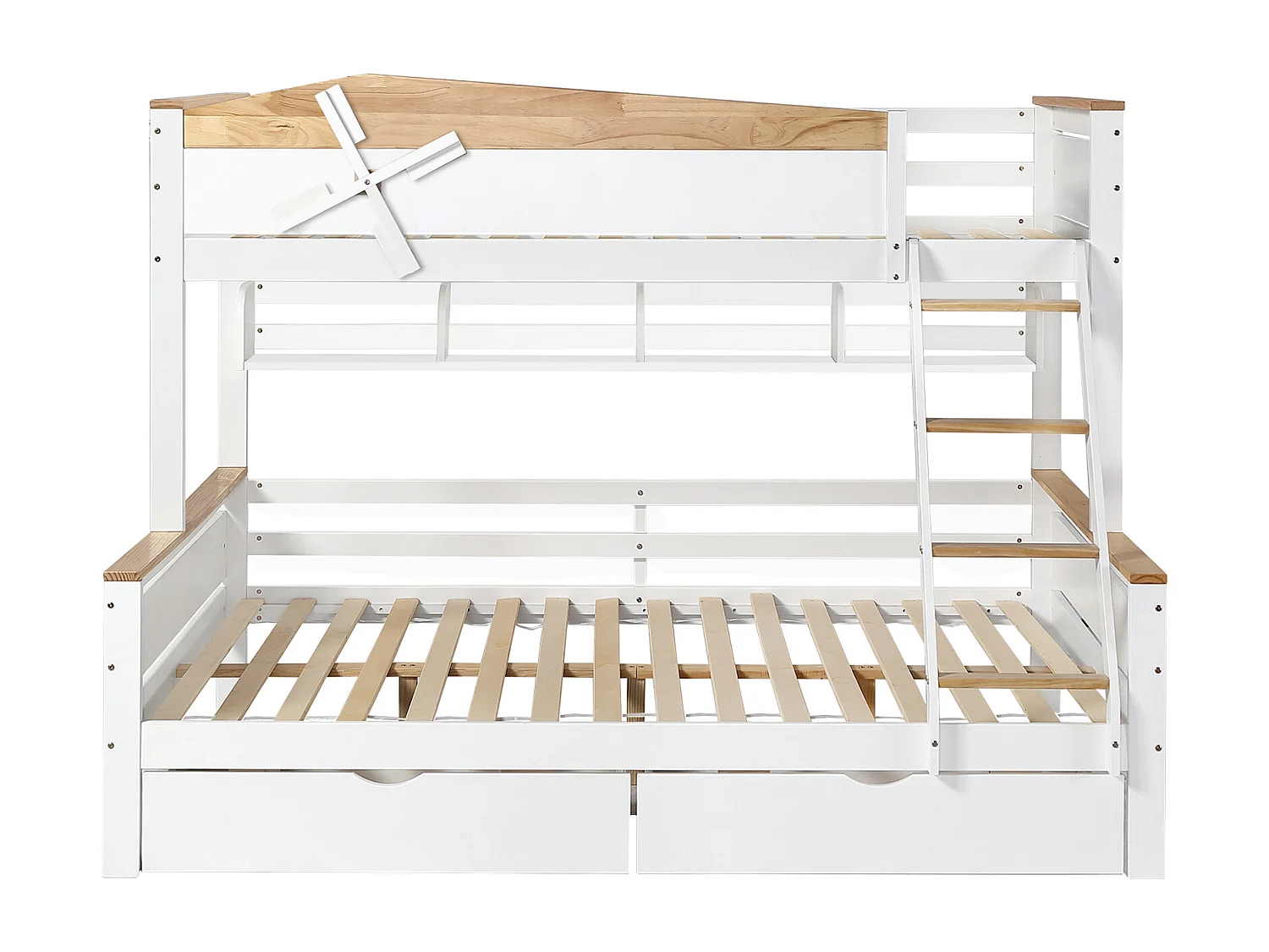 Lit superposé 90x200cm+140x200cm, lit enfant avec étagères,barrière de sécurité,échelle et tiroirs, blanc et naturel