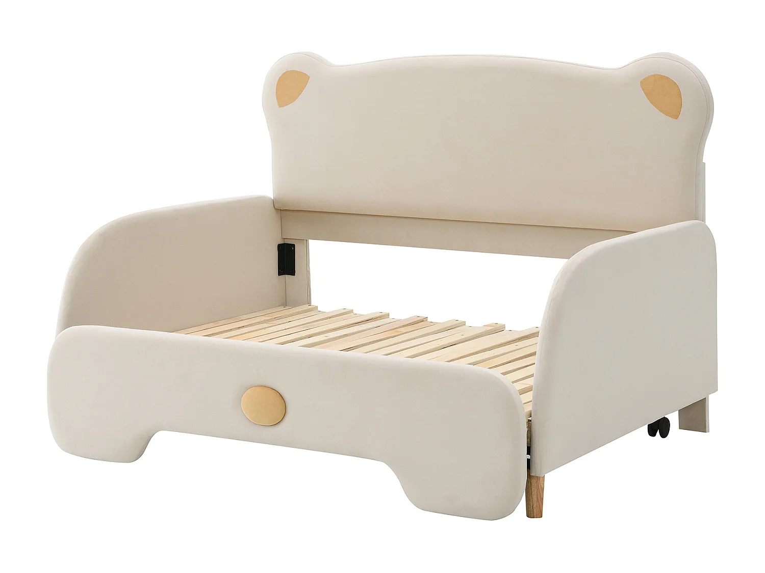 Gestoffeerd bed, 140x105cm en 140x200cm, tweepersoonsbed, kinderbed, uitschuifbed, met beschermranden, lattenbodem, fluweel, beige