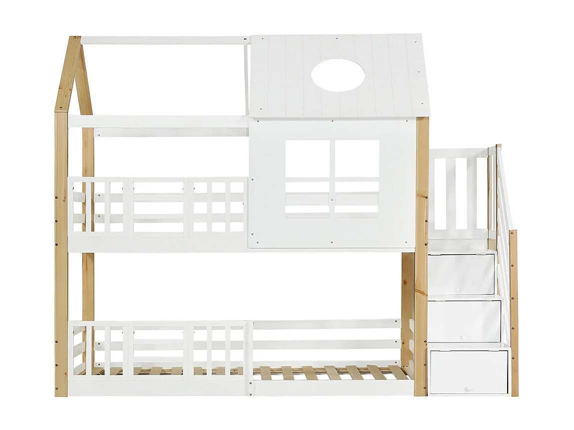 Lit superposé 90x200cm, lit cabane, lit enfant avec escalier de rangement,barrière de sécurité,fenêtre et toit,pin+MDF,blanc+naturel