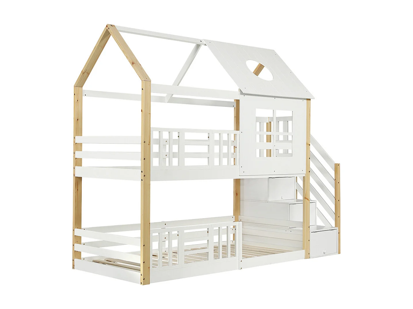 Lit superposé 90x200cm, lit cabane, lit enfant avec escalier de rangement,barrière de sécurité,fenêtre et toit,pin+MDF,blanc+naturel
