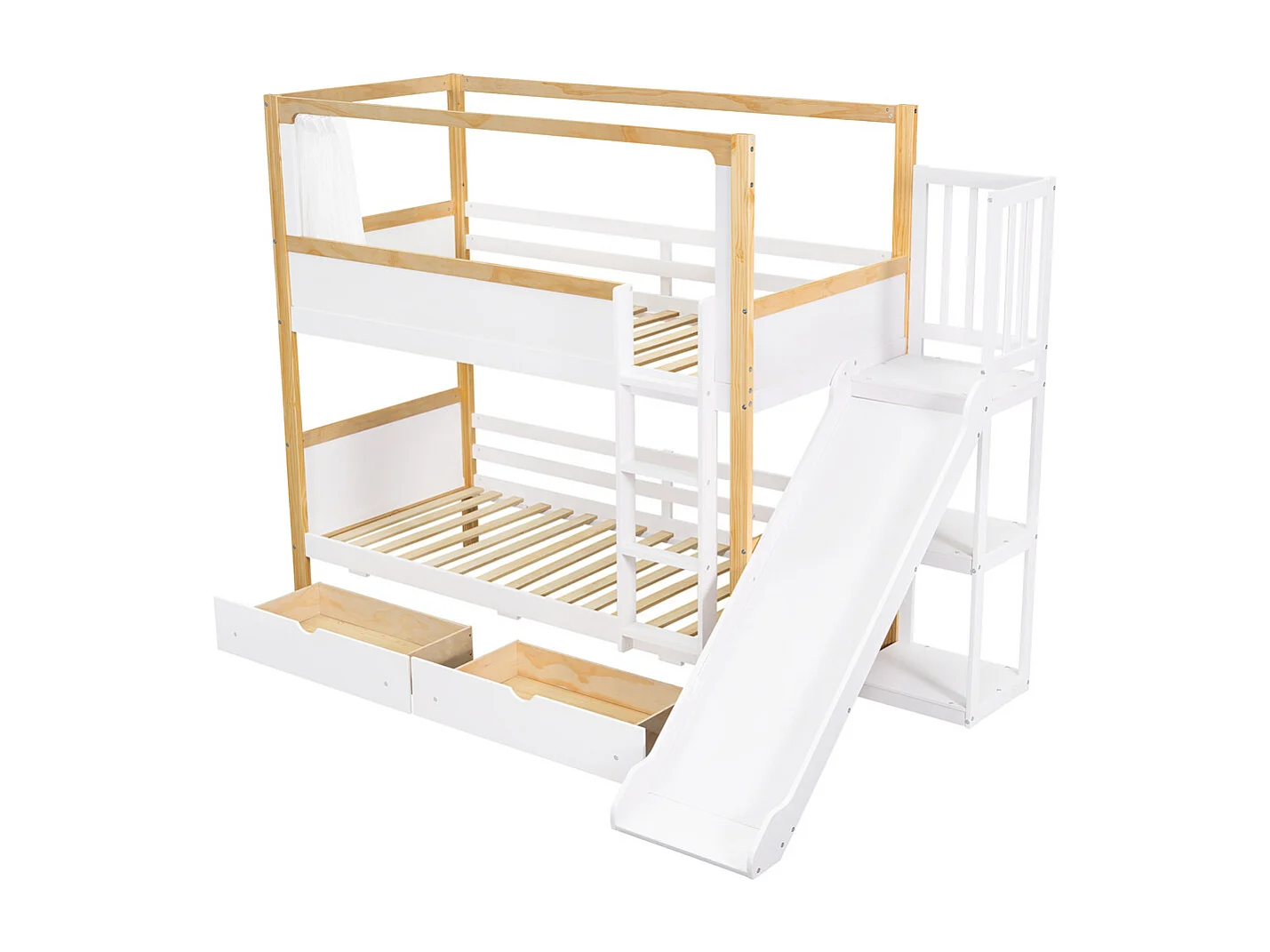 Stapelbed, kinderbed, 90x200cm, met 2 lades en geleiders, bovenste bed met stoffen gordijn, grenenhout+MDF+multiplex, wit+naturel