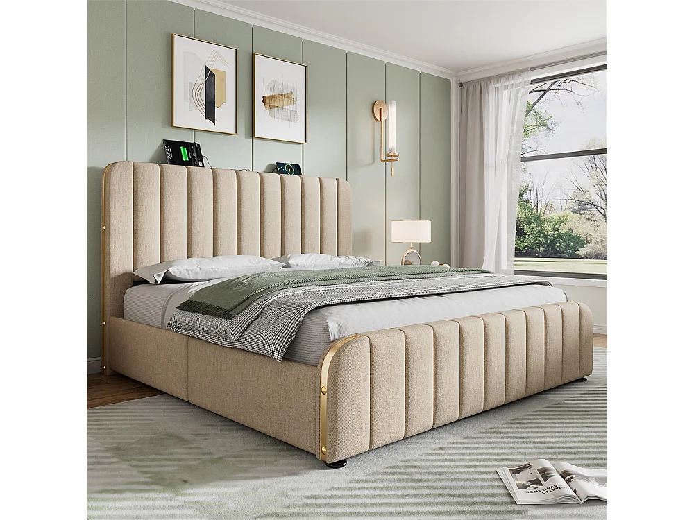 Lit capitonné 160x200cm, lit double avec 4 tiroirs, tête de lit ornée de rayures dorées et port USB Type-C, lin, beige, avec matelas