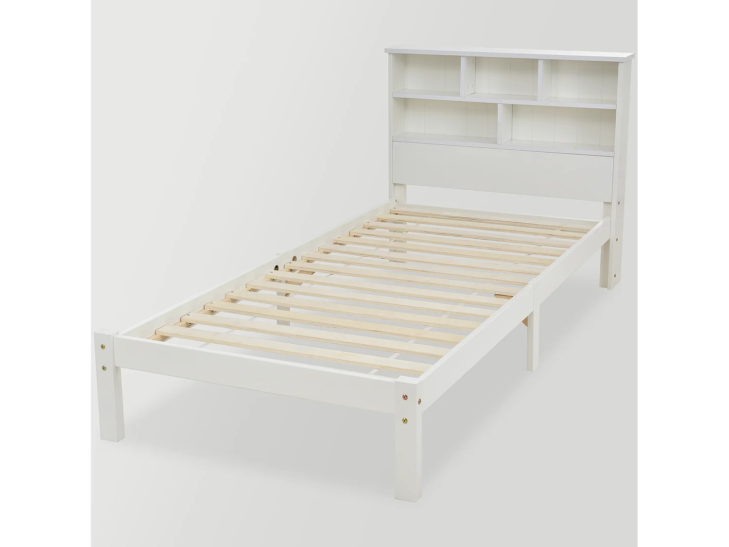 Lit simple 90x200cm, avec tiroirs,sommier à lattes et étagère,convient aux adolescents et aux adultes,bois massif,blanc,sans matelas