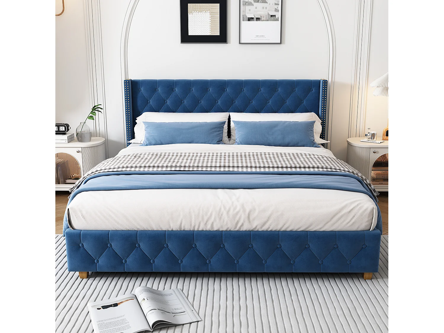 Lit capitonné 160x200cm,avec sommier à lattes et tête de lit, capitonnage à boutons et clous décoratifs, velours, bleu, sans matelas