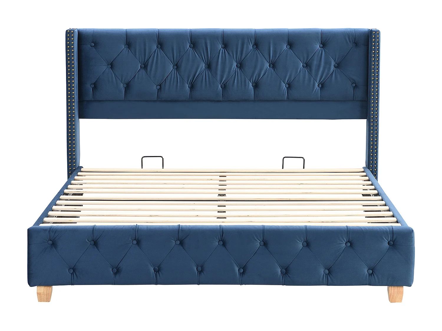 Lit capitonné 160x200cm,avec sommier à lattes et tête de lit, capitonnage à boutons et clous décoratifs, velours, bleu, sans matelas