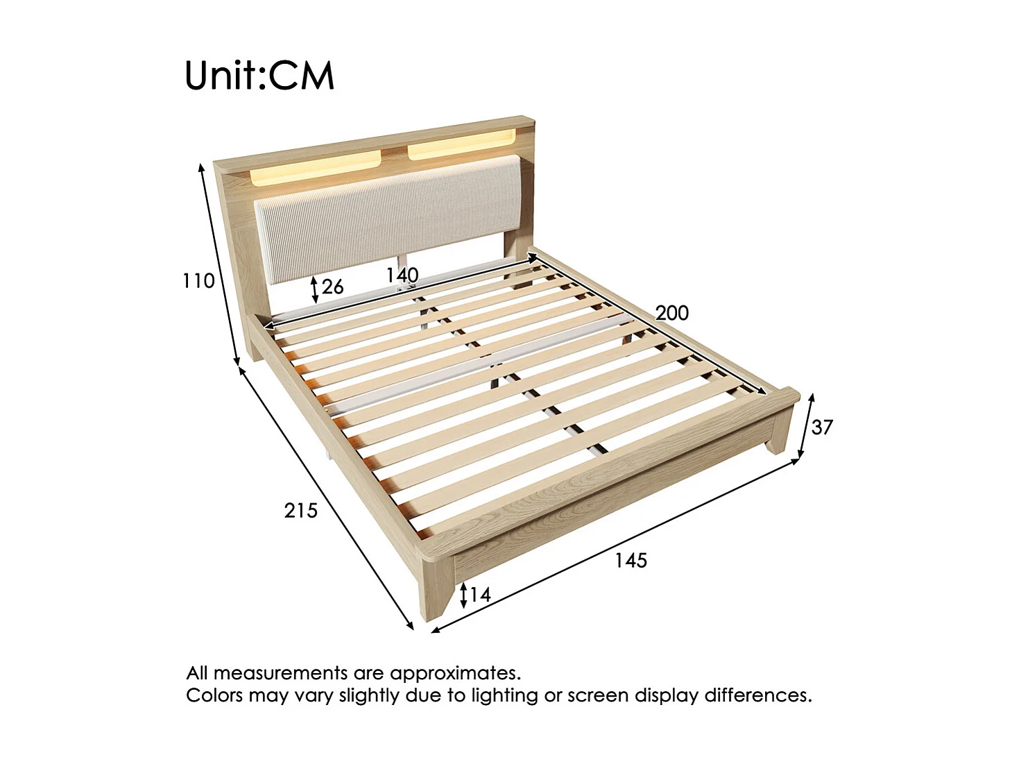 Tweepersoonsbed 140x200cm,lattenbodem, hoofdbord met opbergruimte,ledverlichting, fluweel,licht eikenhout,zonder matras of slaapbank