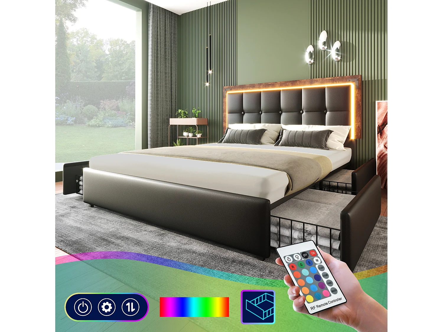 Lit rembourré 140x200cm, lit double, avec bande lumineuse LED, 4 tiroirs et tête de lit réglable en hauteur, PU, noir, avec matelas