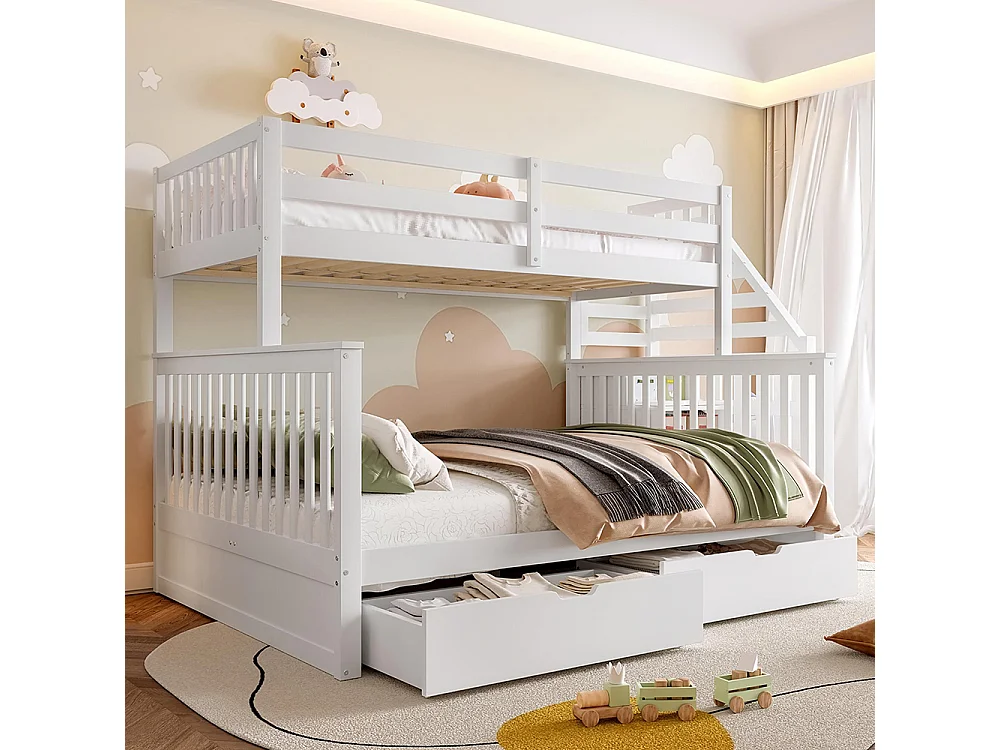 Stapelbed 90 x 200 cm, 140 x 200 cm, met lades en opbergruimte, matras niet inbegrepen, wit