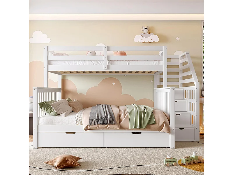 Stapelbed 90 x 200 cm, 140 x 200 cm, met lades en opbergruimte, matras niet inbegrepen, wit