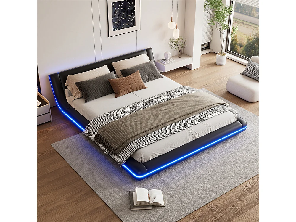 Plat bed 160x200cm, vloerbed, LED-sfeerverlichting, 24-toetsen afstandsbediening, PU, ​​zwart, matras niet inbegrepen