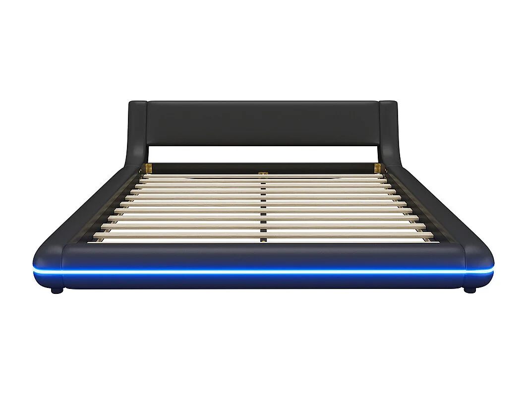Plat bed 160x200cm, vloerbed, LED-sfeerverlichting, 24-toetsen afstandsbediening, PU, ​​zwart, matras niet inbegrepen
