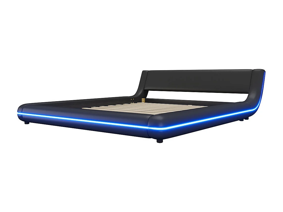 Plat bed 160x200cm, vloerbed, LED-sfeerverlichting, 24-toetsen afstandsbediening, PU, ​​zwart, matras niet inbegrepen