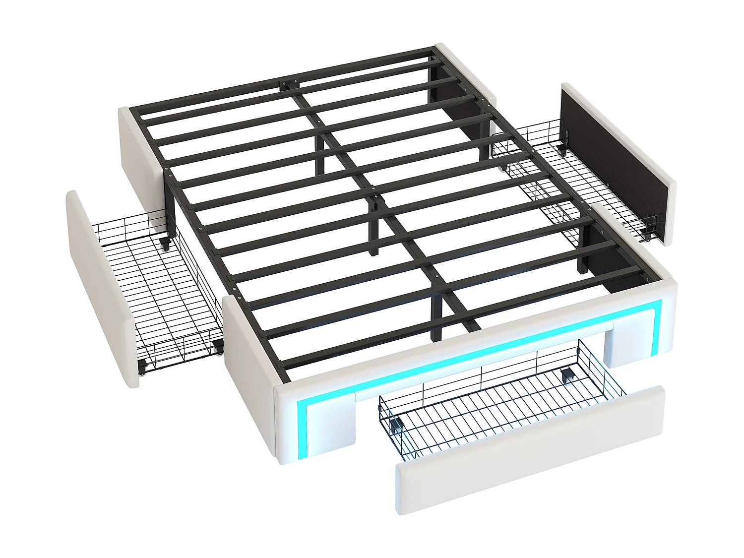 Bedframe 140x200cm, met lades, led-lichtstrip en lattenbodem, platformbed, beige, zonder hoofdbord of matras
