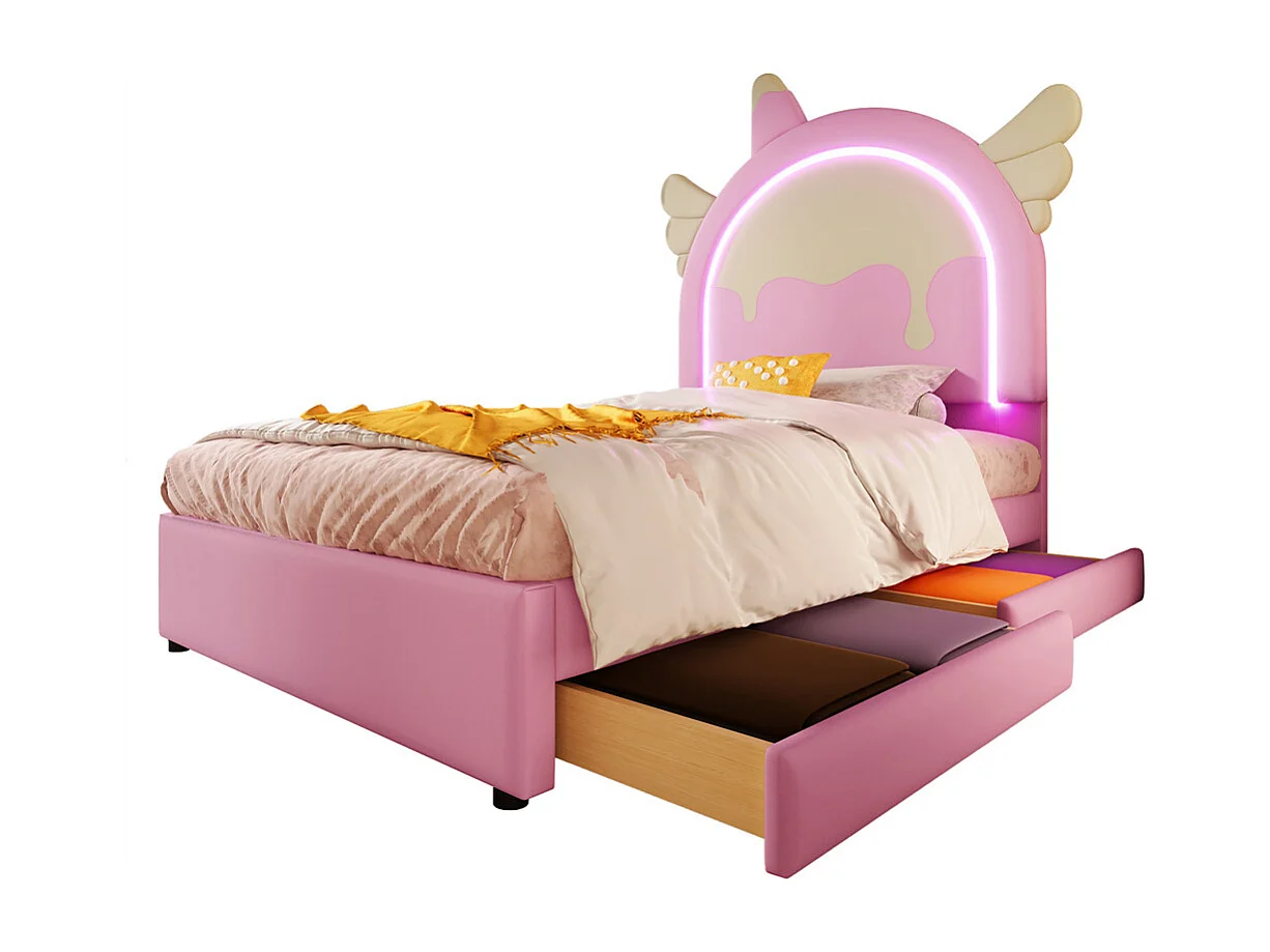 Lit capitonné, 90 x 200 cm, avec bande lumineuse et 2 tiroirs, forme licorne, PU, rose, sans matelas
