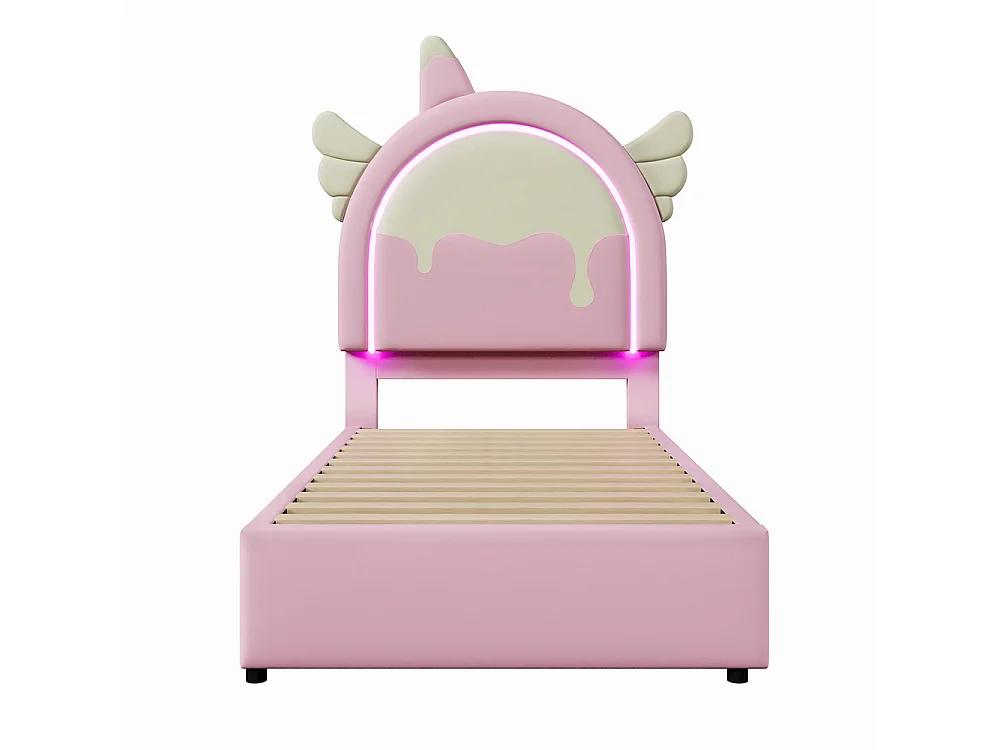 Lit capitonné, 90 x 200 cm, avec bande lumineuse et 2 tiroirs, forme licorne, PU, rose, sans matelas