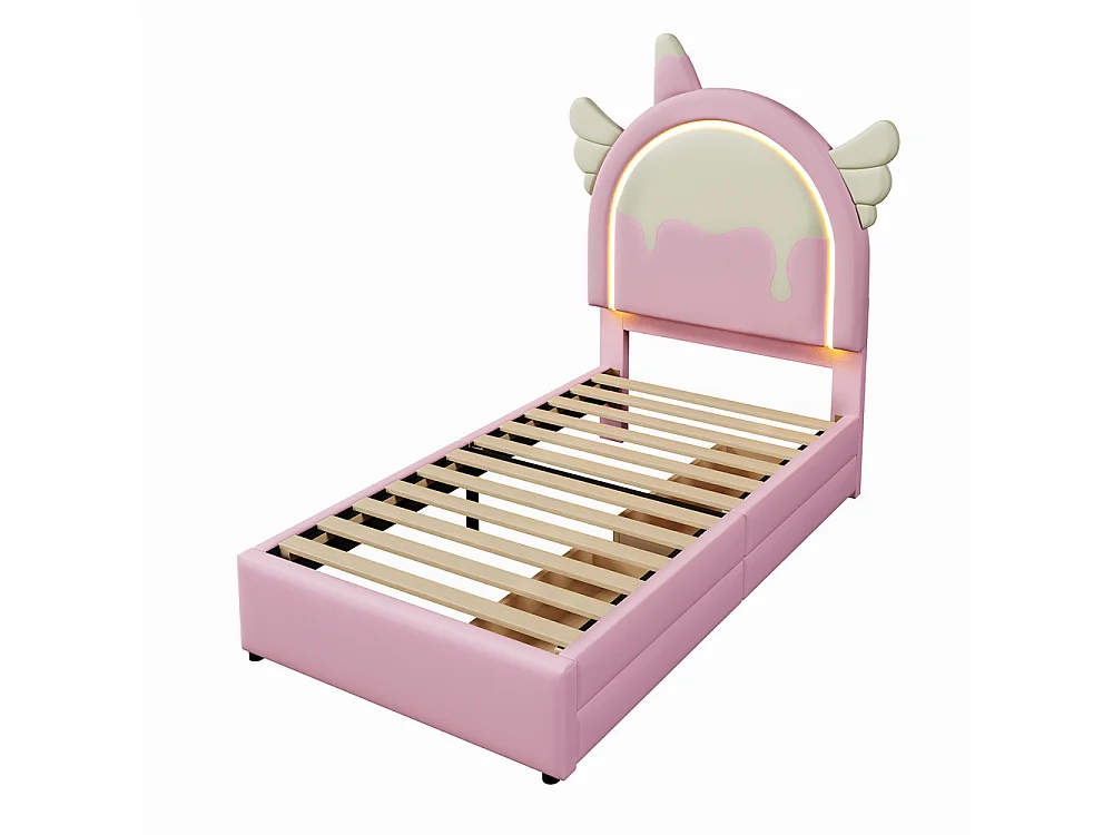 Lit capitonné, 90 x 200 cm, avec bande lumineuse et 2 tiroirs, forme licorne, PU, rose, sans matelas