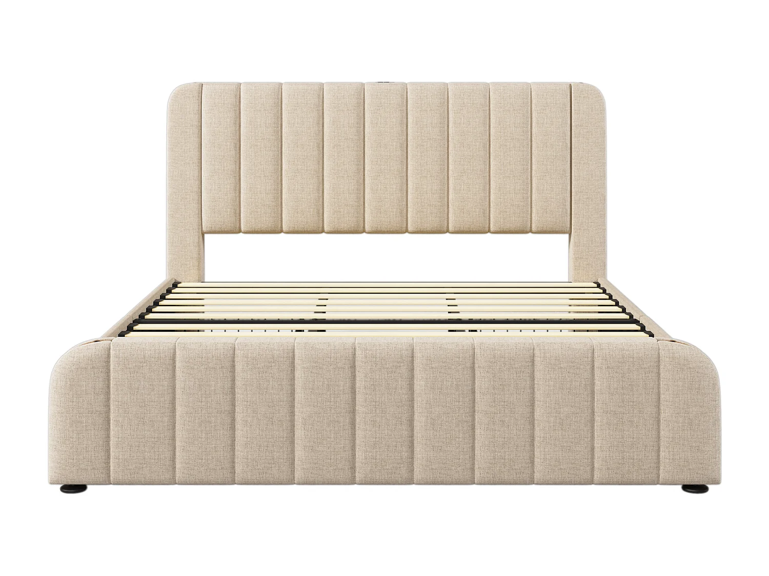 Gestoffeerd bed 180x200cm, tweepersoonsformaat, hoofdbord versierd met USB Type-C, 4 lades, beige, matras niet inbegrepen