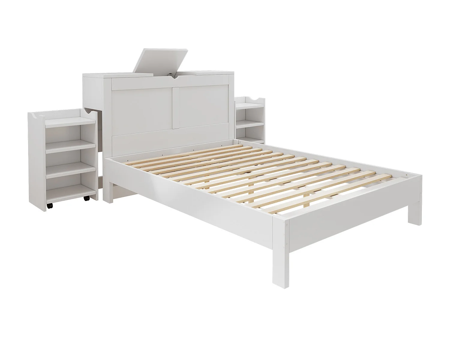Houten bed 140x200cm, tweepersoonsbed met lattenbodem, kinderbed met 2 opklapbare nachtkastjes en hoofdbord, wit