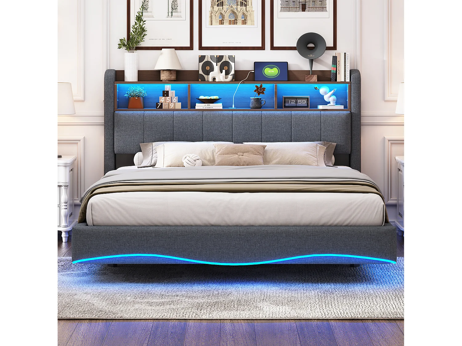 Gestoffeerd design wandbed 160x200cm, opbergbed met ledverlichting, USB- en Type-C, linnen, grijs, matras niet inbegrepen