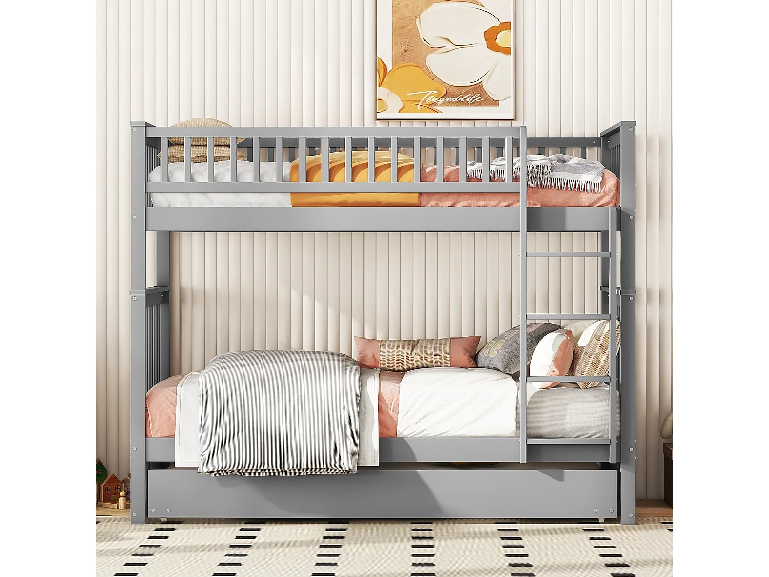 Lit superposé 90x200cm, lit enfant, avec lit gigogne, barrières de sécurité hautes et escalier, pin et MDF, gris, sans matelas