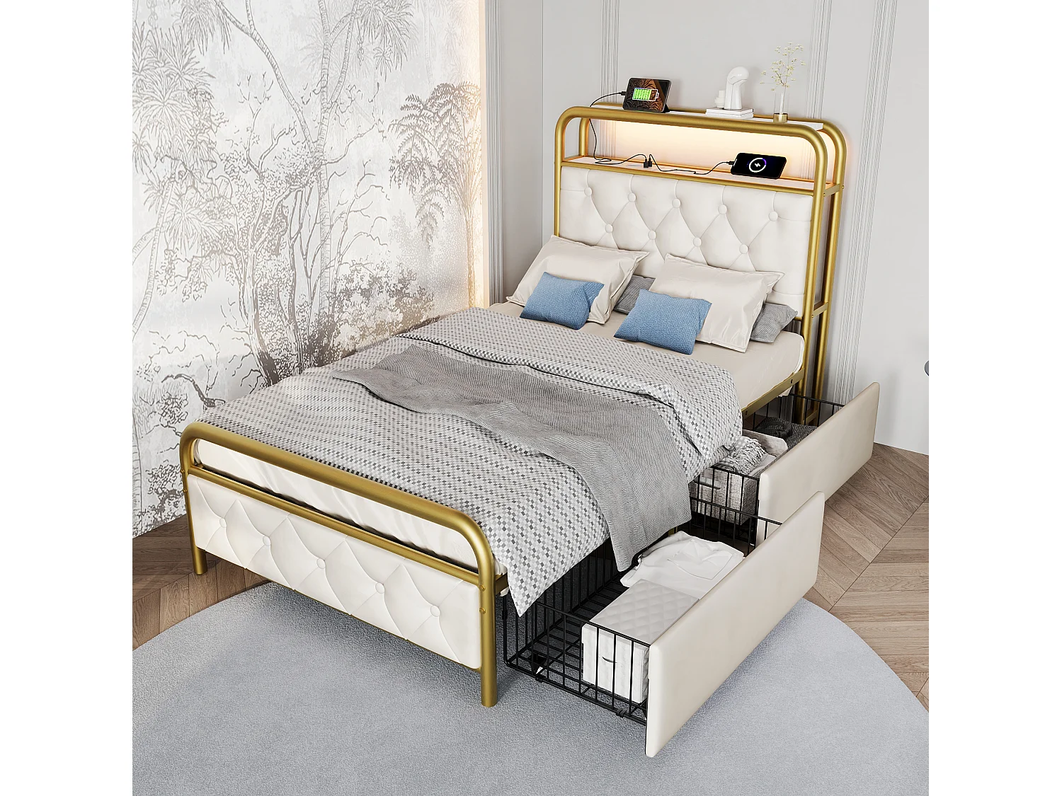 Lit rembourré 90x200cm, lit simple LED avec fonction de chargement USB Type C et 2 tiroirs, métal et velours, blanc, matelas inclus