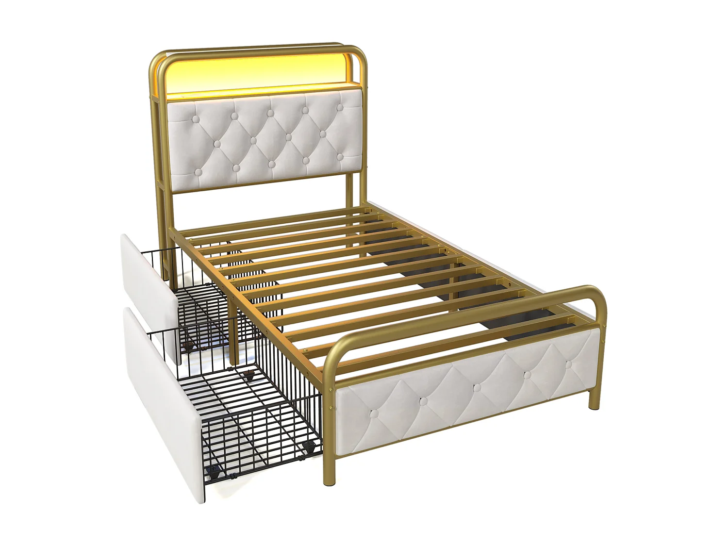 Lit rembourré 90x200cm, lit simple LED avec fonction de chargement USB Type C et 2 tiroirs, métal et velours, blanc, matelas inclus