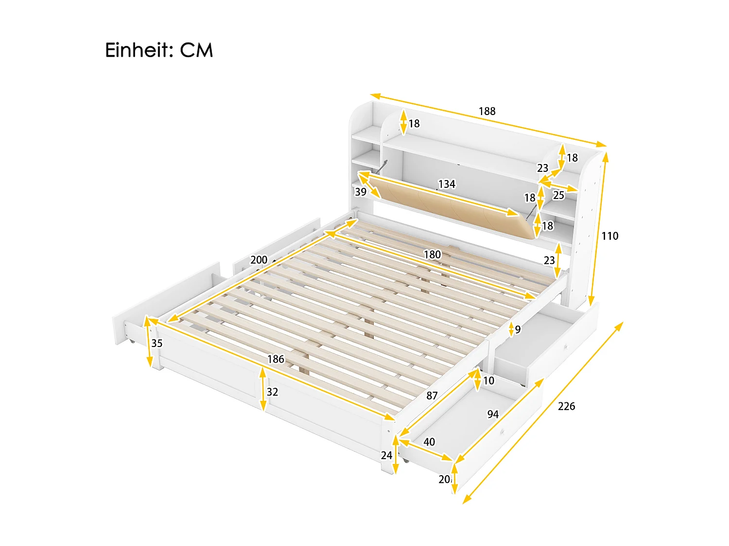 Plat bed 180x200cm, gedeeltelijk inklapbaar hoofdeinde, vier lades, diverse opbergvakken, wit, matras niet inbegrepen