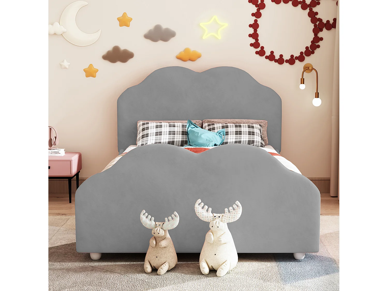 Gestoffeerd bed 90x200cm, hoge bedhekje,kinderbed met wolkvormig hoofd en voeteneinde, eenpersoonsbed, fluweel, grijs, zonder matras