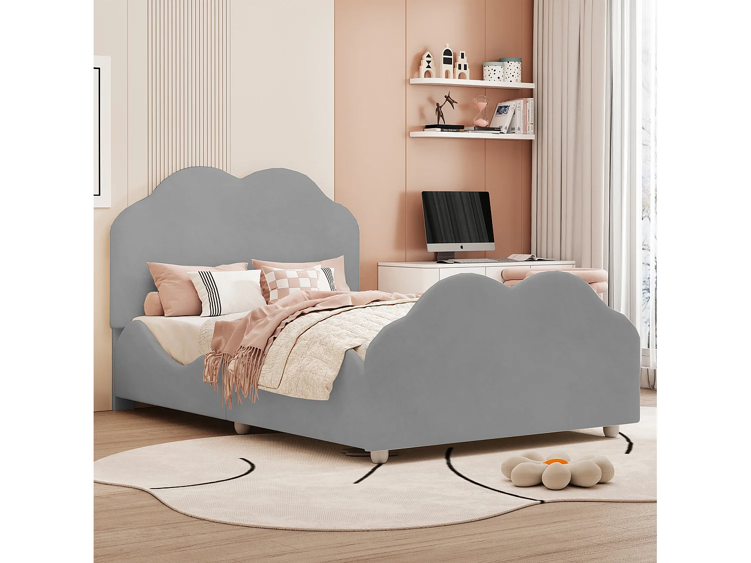 Gestoffeerd bed 90x200cm, hoge bedhekje,kinderbed met wolkvormig hoofd en voeteneinde, eenpersoonsbed, fluweel, grijs, zonder matras