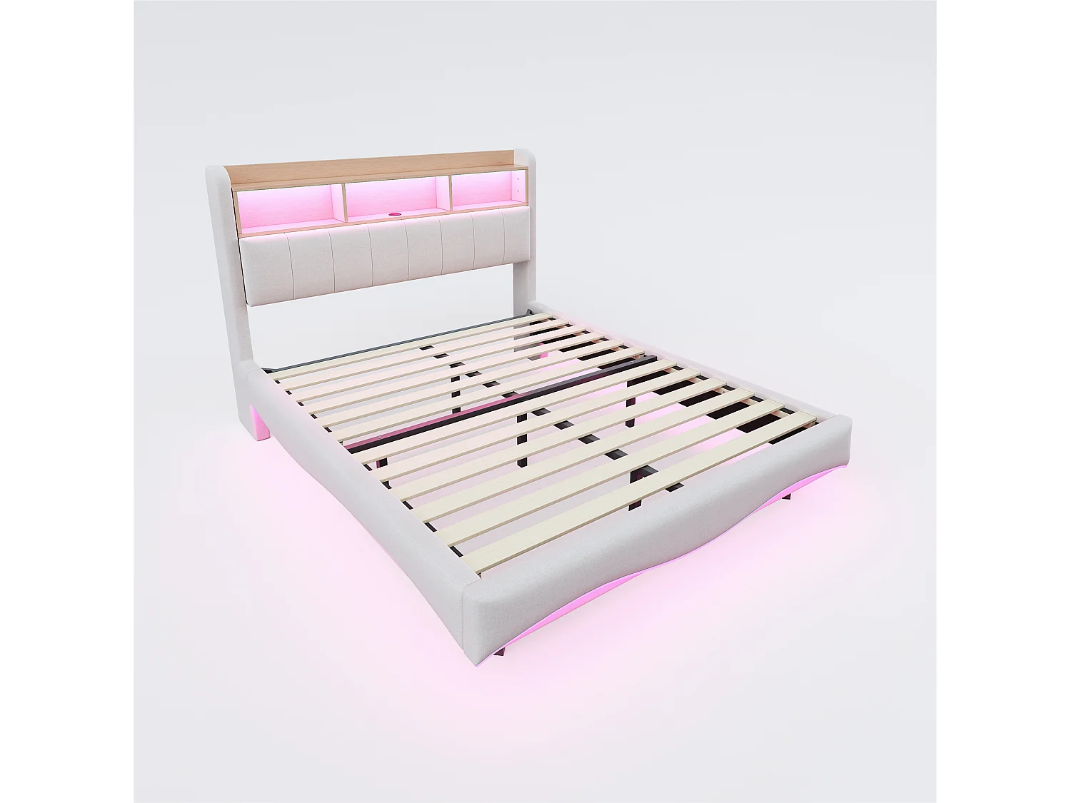 Gestoffeerd design hangbed 160x200cm, opbergbed met ledverlichting, USB- en TYPE-C, linnen, beige, matras niet inbegrepen